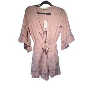 STARK X Women's XS Jumpsuit Dusty Rose Ruffle Tie Front V-Neck Casual